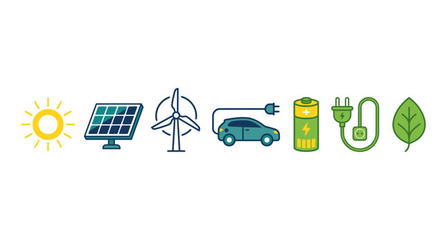 Renewable energy sources power an eco friendly electric car with solar panels and wind turbines nearby.
