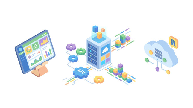 Isometric illustration of data servers and cloud computing for digital technology