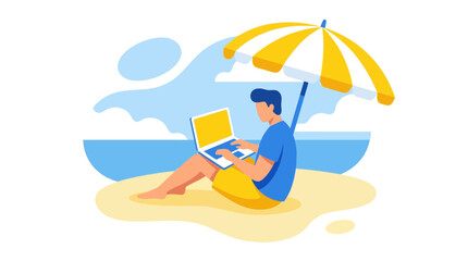 Fototapeta premium Man working on laptop under umbrella on beach summer remote work concept