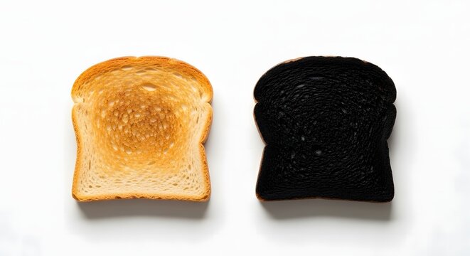 Comparison of Perfectly Toasted Bread and Burnt Toast on White Background - Kitchen Success and Failure Concept Side by Side.