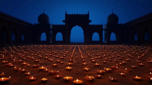 4K Night View of Traditional Diya Lamps Illuminating Courtyard for Ganga Dussehra and Shani Jayanti Festival