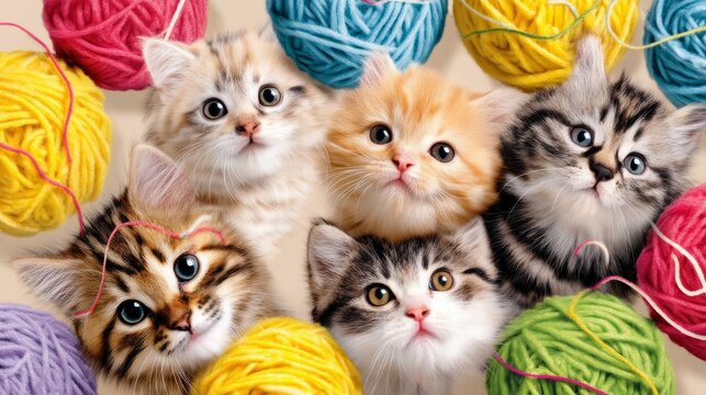 Cute Cats Playfully Tangled in Colorful Balls of Yarn on Soft Background