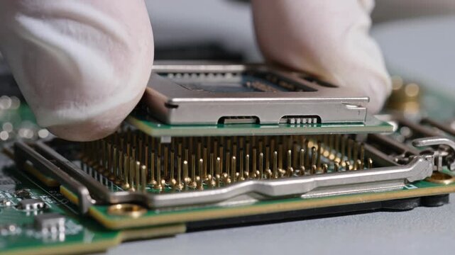 Technician installs computer processor onto motherboard socket with golden pins closeup