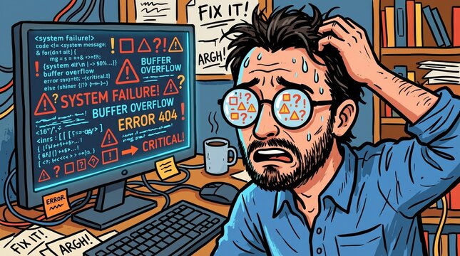 Stressed frustrated programmer scratching head facing computer system failure error buffer overflow warnings evoking panic chaos overwhelm in comic cartoon style