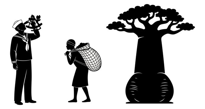 Sailor with sextant and person with harvest bag beside baobab tree silhouette against white