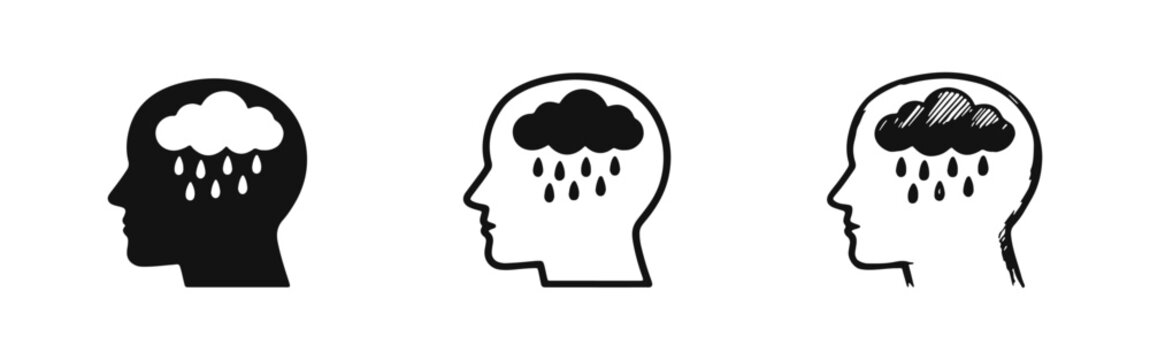 Sad mood and depression icon set, head profile with raining cloud for mental health