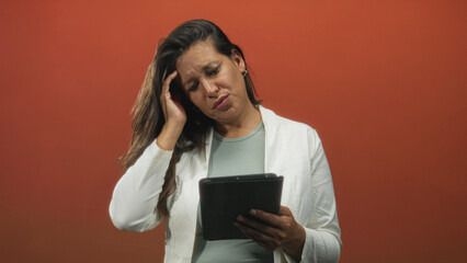 Woman holding tablet with hand on head and frowning in studio while reading and tapping the touchscreen  frustration. © Krakenimages.com