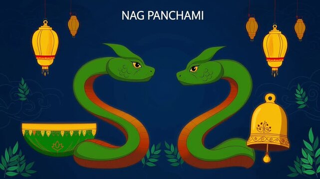 Vibrant Nag Panchami Illustration Two Animated Snakes, Golden Lamps, and Bell for Festive Hindu Celebrations