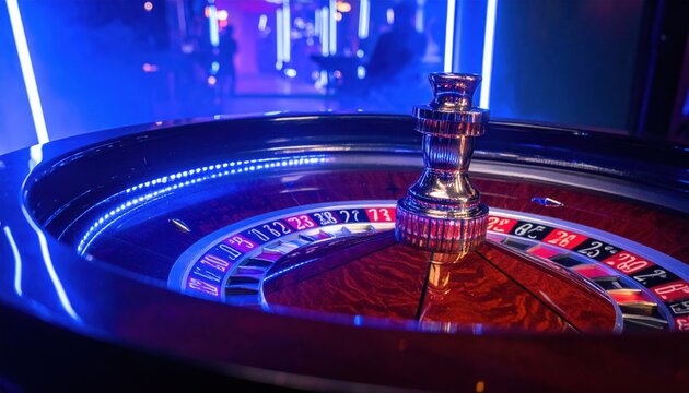 A gleaming silver roulette wheel with its distinctive marker captured mid-spin, showcasing vibrant numbers and deep red pockets under mesmerizing blue neon lights in a bustling casino.