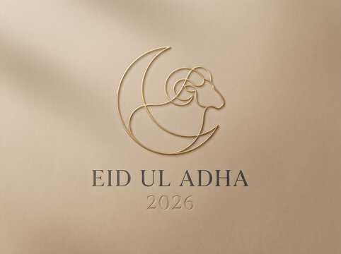 Eid ul adha 2026 celebration with golden ram and crescent moon logo on beige background