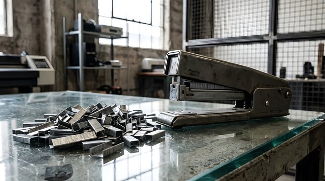A large metal staple remover sits on a scratched glass table beside a pile of used staples in a room with a concrete wall and metal shelving