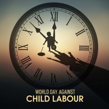 World Day Against Child Labour awareness clock with child silhouette and hand  preventing exploitation and abuse