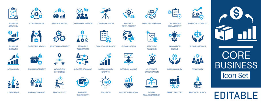 Core Business and corporate strategy solid icon set. Featuring vision, revenue model, market expansion, digital transformation, and business growth. Vector icons for presentations and annual reports.
