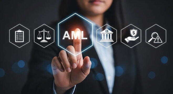 Businesswoman touching virtual AML icon for Anti Money Laundering compliance concept
