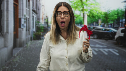 Obraz premium Woman holding rolled diploma tied with red ribbon and wearing glasses, mouth open as if exclaiming, standing in a city street by parked cars and stone building; surprise achievement.