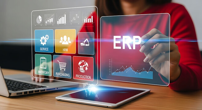 Businesswoman working with ERP software icons on virtual screen for management