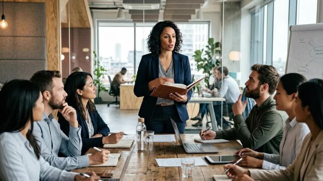 Manager briefing team in office with folder, modern workspace and engaged colleagues, confident leadership tone, cinematic realism, shot on Nikon Z7 II,no logos
