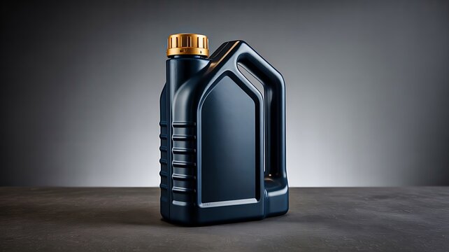 Black plastic container for motor oil or liquid product packaging isolated on background
