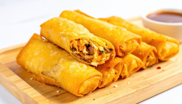 Golden crispy fried spring rolls with visible vegetable filling served on a wooden platter with dipping sauce.