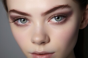 Fototapeta premium Woman's close up portrait with perfect skin, stylish eyeshadow, and natural eyebrows