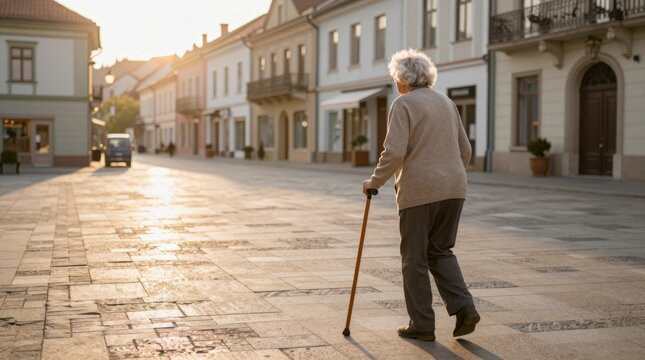 Elderly Person Walking Alone on Serene Street at Sunset Light