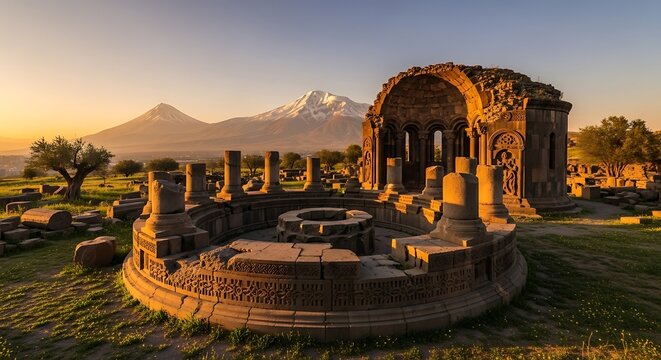 Zvartnots Cathedral Ruins at Sunrise with Mount Ararat in Background.