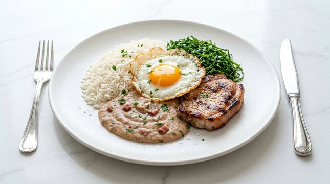 Virado &agrave; Paulista tradicional com arroz, tutu de feij&atilde;o, bisteca de porco, couve e ovo frito em prato branco