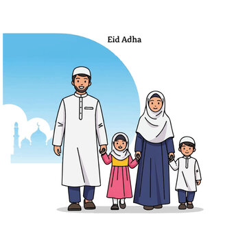 Muslim family in traditional clothing standing.