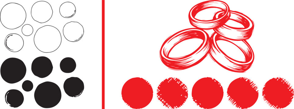Set of hand drawn sketchy ink circles and rings vector illustration for graphic design elements