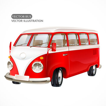 Red vector retro bus on white background.