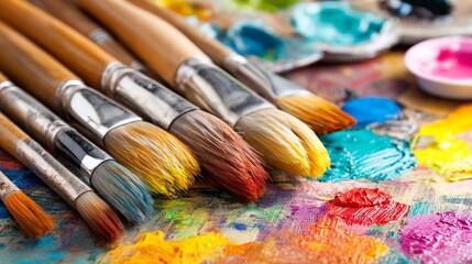 Obraz premium Colorful Paint Strokes and Brushes on Canvas Surface for Artistic Creation