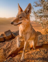 Fototapeta premium Arabian Wolf Standing on Desert Rocks at Golden Sunset