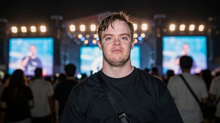 Fototapeta premium Young Man at Concert with Bright Stage Lights and Audience Behind