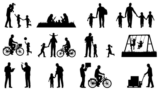 Set of 32 family silhouettes showing parents and children in various everyday activities: walking, playing, cycling, spending time together, and interacting. Includes dynamic and natural poses 
