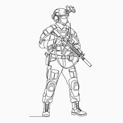 Fototapeta premium A soldier in combat gear stands at attention, prepared for duty. He is wearing a helmet and carrying a rifle