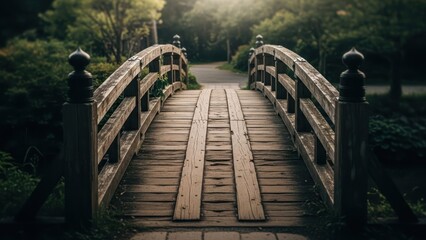 Fototapeta premium Wooden bridge spans path in lush garden, sunlight filters through trees