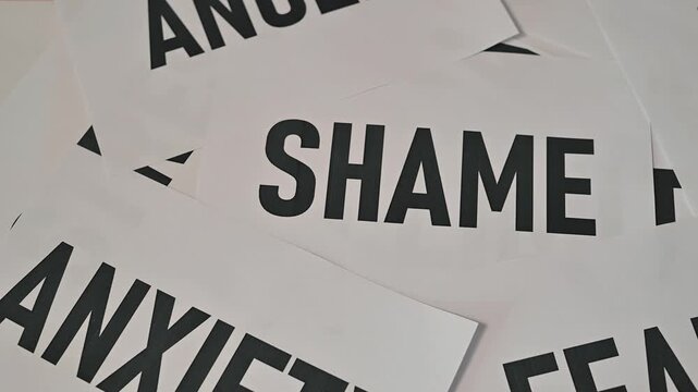 printed words representing different emotions and mental states laid out in a random pattern