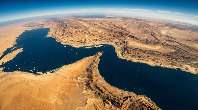 Wide aerial perspective of the Strait of Hormuz 3D topographic map. Concept of a strategic chokepoint and global trade disruption for digital map illustration.
