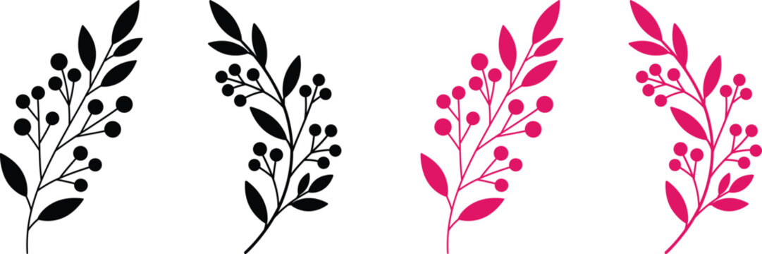Elegant flower clipart set, black and pink floral designs for graphic projects