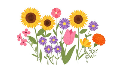 Obraz premium Set of Vibrant Hand-Drawn Sunflowers, Tulips, and Wildflowers for Spring Floral Designs and Nature Illustrations