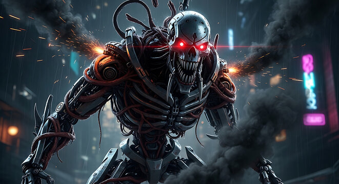 Cyberpunk Biomechanical Monster Head with Glowing Eyes &ndash; Futuristic Sci-Fi Horror Illustration