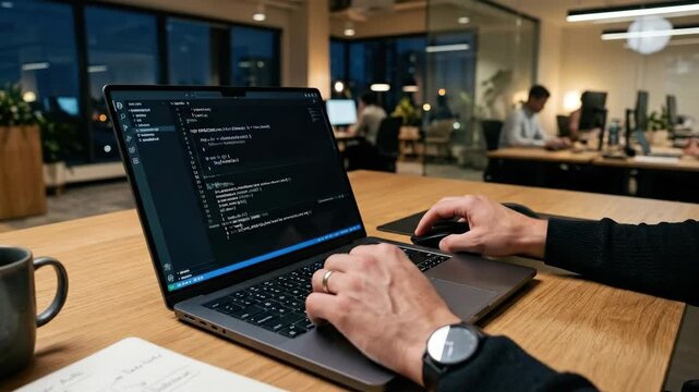 Hands of coder working on new application, man, coding, programming, computer, occupation, software, engineer, technology, photorealistic corporate scene, clean modern lighting, realistic skin and