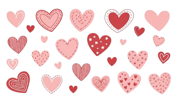 Set of Hand-Drawn Heart Icons in Various Shapes and Patterns for Valentine's Day, Love, and Romantic Illustrations