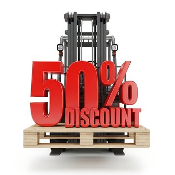 Forklift carrying a 50 percent discount sign isolated on white background