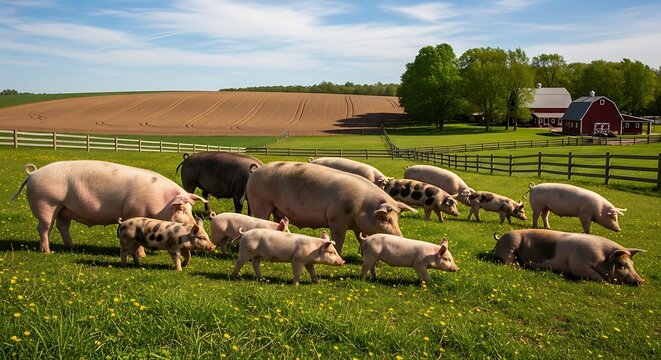 A herd of pigs grazes peacefully in a sunlit meadow, with a farm and rolling fields in the background