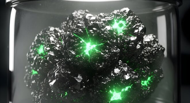 Dark laboratory shot of jagged metallic radioactive ore chunk emitting vivid green glowing points, evoking powerful unstable nuclear material, science fiction energy cores and the mysterious danger of