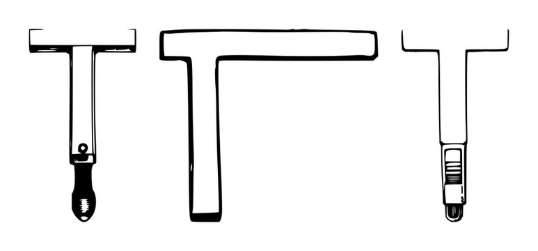 T-square set with hand-drawn organic line art design featuring metal tool, drafting instrument, geometry with white background and paper