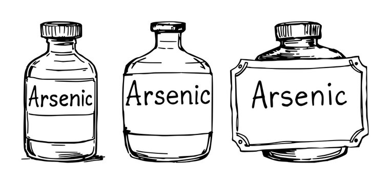 Apothecary label set with hand-drawn toxic arsenic design featuring vintage, poison, antique with skull and crossbones