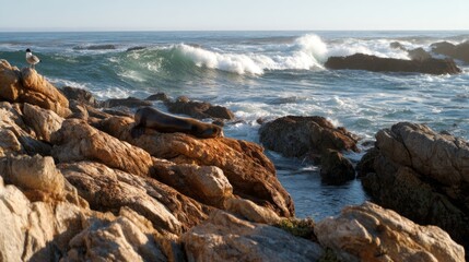 Fototapeta premium Seal Resting on Rocky Shoreline with Seabird Overlooking Waves Crashing