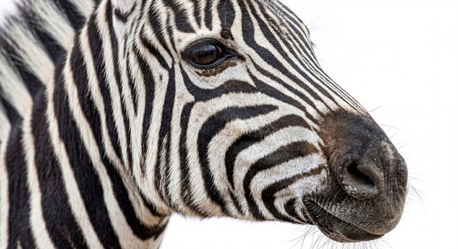 beautiful zebra with face in focus on white background